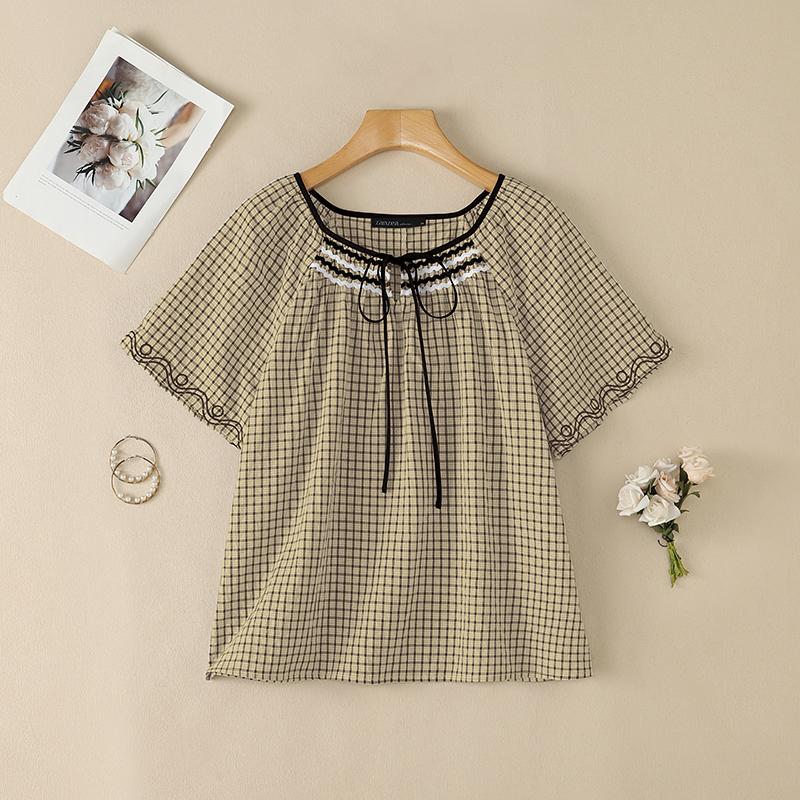 ZANZEA Women Plaid Print Summer Casual Round Neck Short Sleeve Blouse