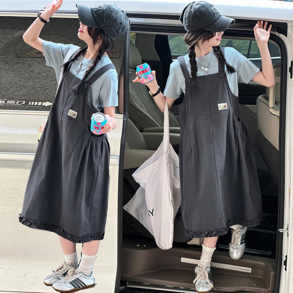 Girls' Summer Outfit Set 2026 New Korean Style Simple T-shirt Shoulder Strap Skirt Stylish Two-piece Set for Children