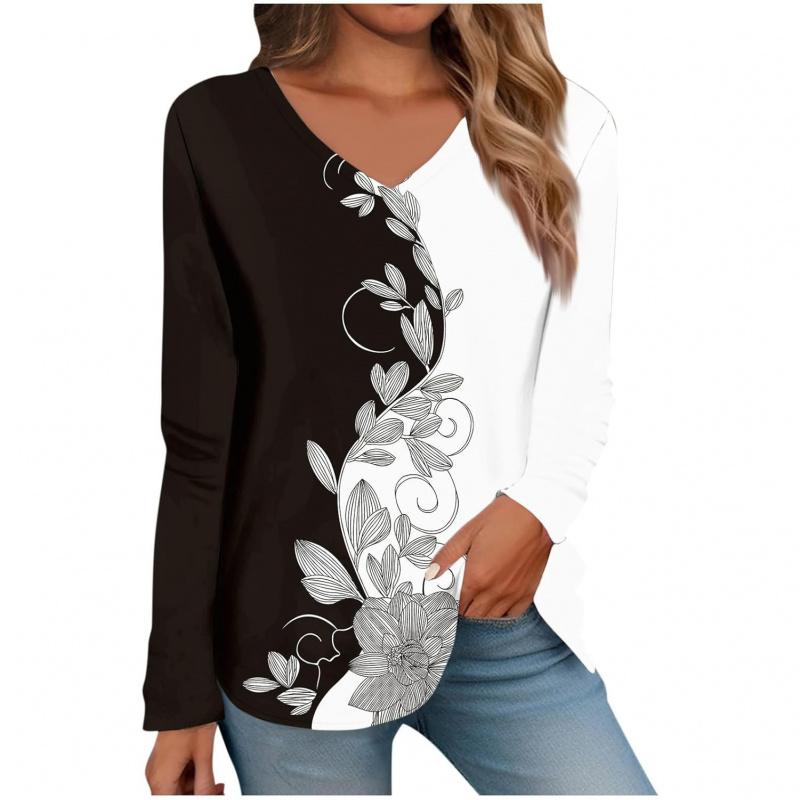 Women's V-neck Long Sleeve T-shirt with Print V-neck Top