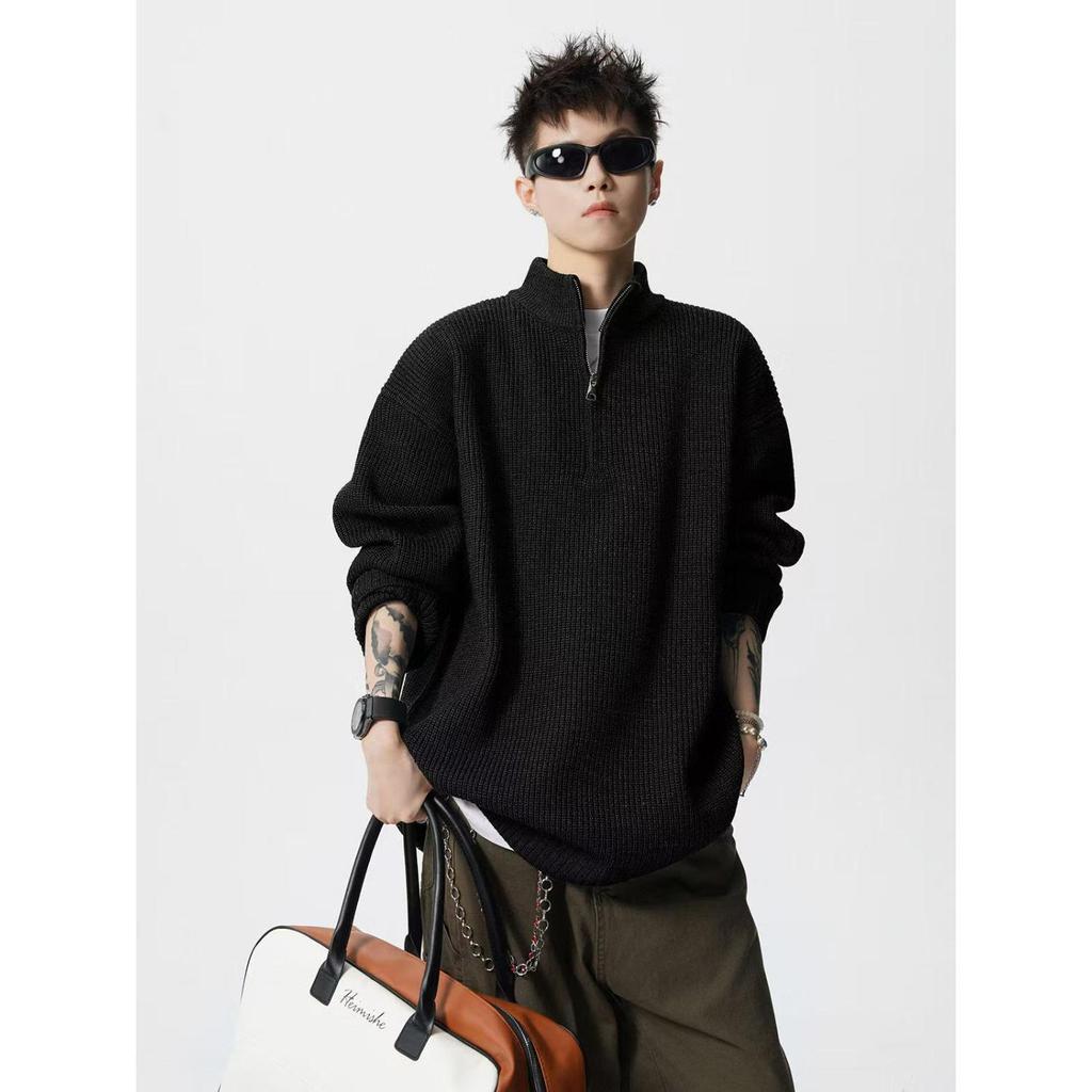 Men's High-Neck Half-Zip Loose Knit Sweater - Retro Style, Solid Color, Versatile for Autumn/Winter.