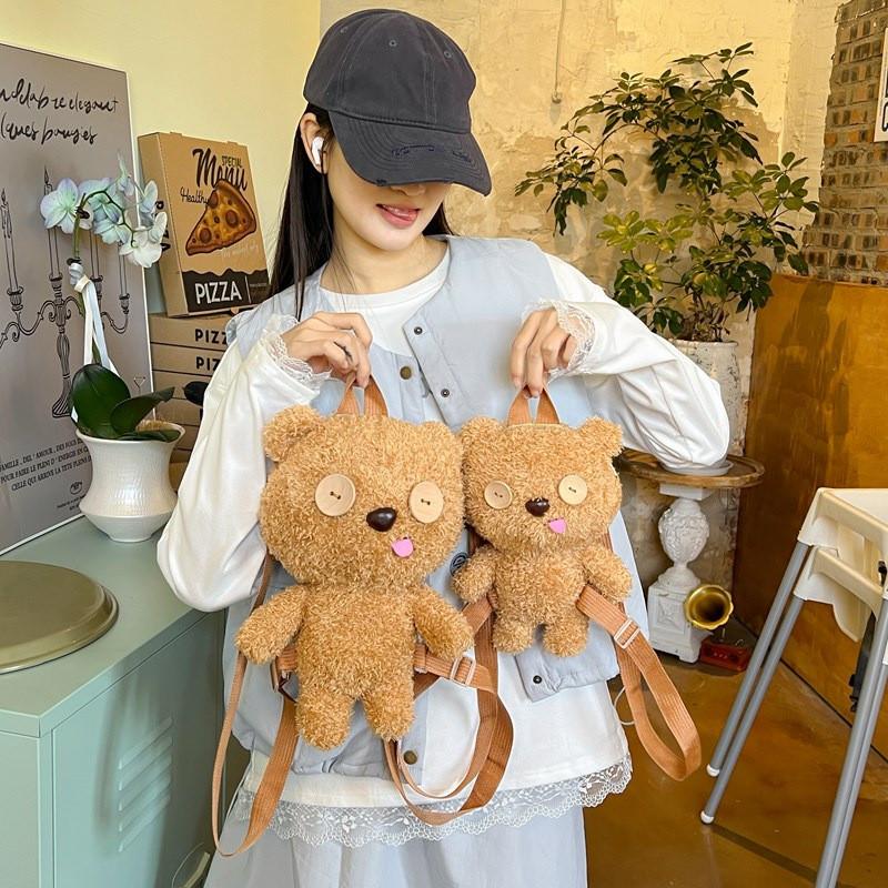 Button Bear Eyes Cartoon Plush Backpack Cute Girl Bag For School And Travel