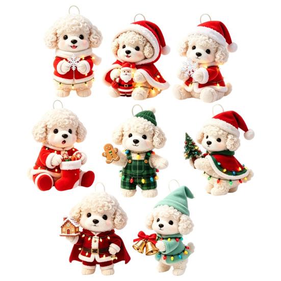 Festive Home Hanging Decor Christmas Dog Wooden Ornament, 2D Cartoon Puppy Ornaments with String, Holiday Tree Party Decoration Animal