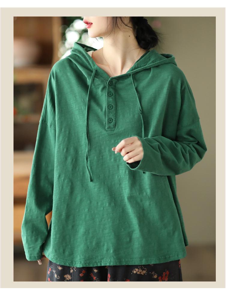2025 Spring Retro Hooded Pullover: Women's Casual Loose Fit Solid Color Long Sleeve Sweatshirt