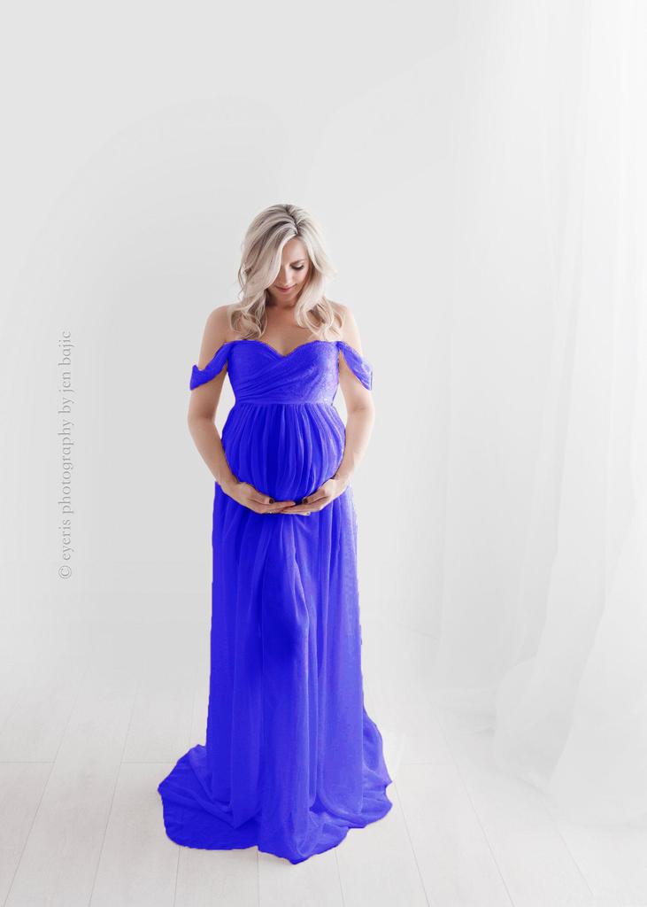 Robe de maternité longue en mousseline épaules dénudées avec fente avant pour séance photo pour femme