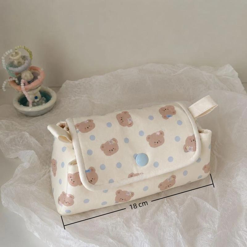 Milk Blue Bear Polka Dot 3-Layer Pencil Case Large Capacity Student Stationery Box Cute Cosmetic Storage Bag