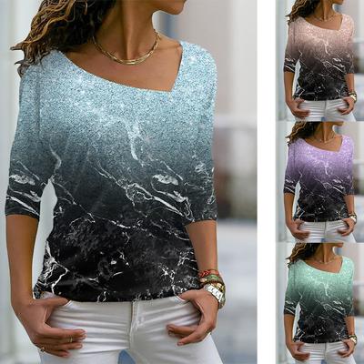 Gradual Color Pattern Casual Ladies Top V Neck Long Sleeve T-shirt Temperament Women's Wear TOP XS-8XL