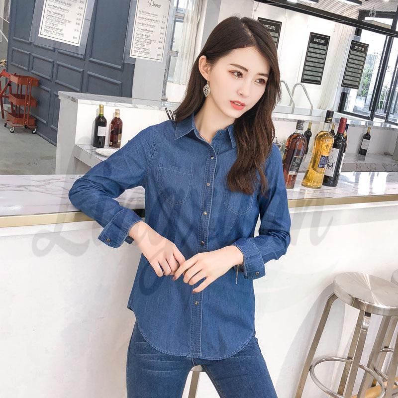 

Women s Long Sleeve Denim Shirt, Slim Fit, Plus Size, Korean Style, 2018 Autumn New Collection S темно-синий