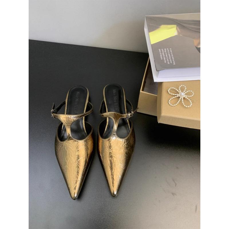 Spring and summer 2025 new bag head French half slippers outer wear thick heel retro T word with pointed head single shoes women's shoes