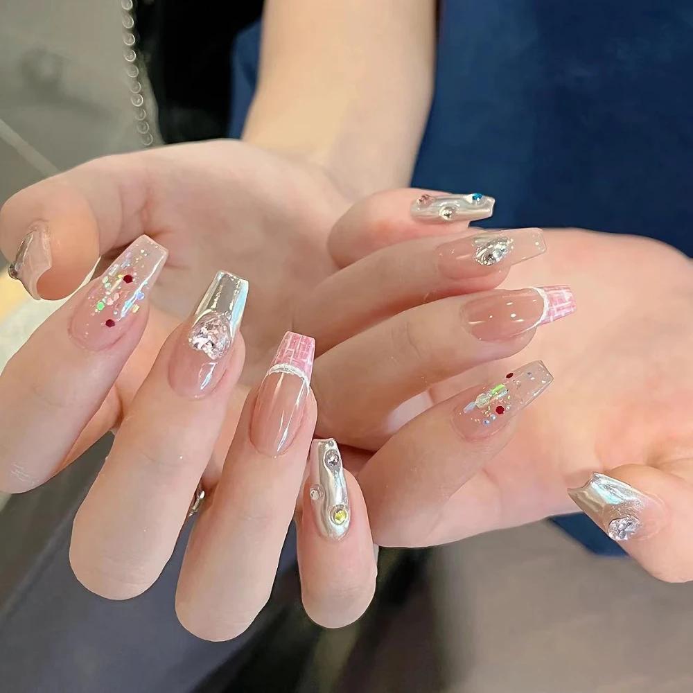 10Pcs Handmade French Gradient Cat Eye Press On Nails With 3D Butterfly Diamond Flowers Long Coffin Almond Shape