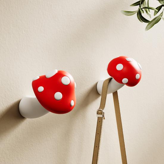 Cute Mushroom Wall Hook Decorative Key Holder Hook No Drill Wall Mounted Red Mushroom Hook for Bedroom Bathroom Entryway Coat Scarf Bag Towel