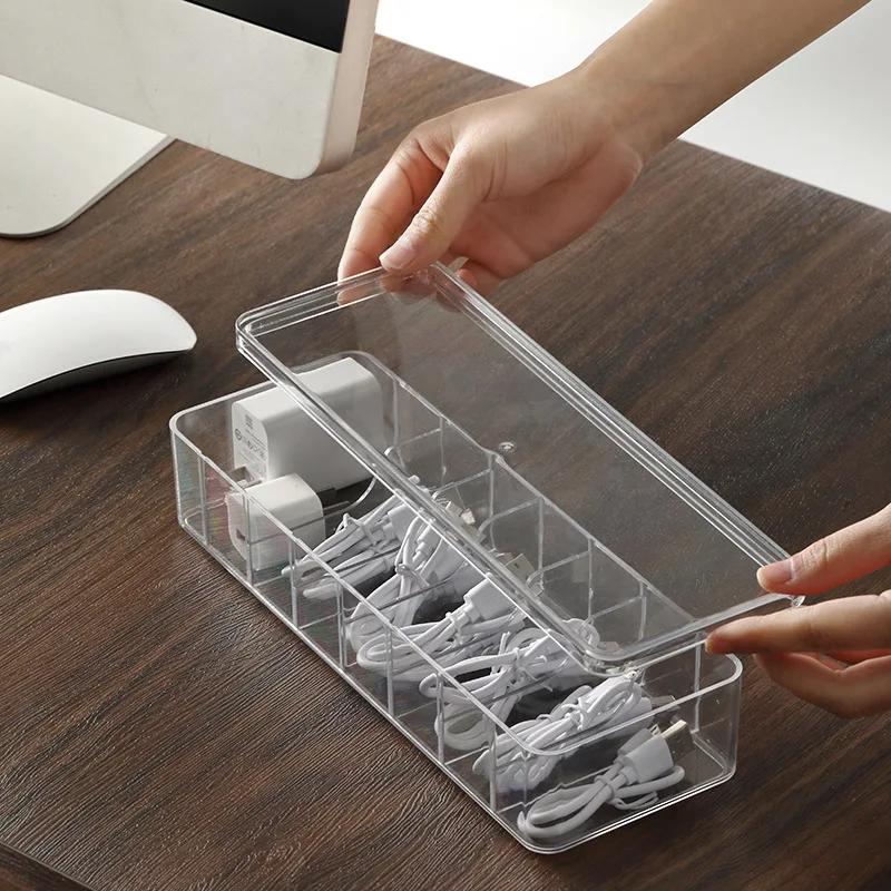 Caixa organizadora de cabos de carga transparente, caixa de gerenciamento de cabos de dados, classificador de cabos USB, organizador e armazenamento de pequenos acessórios de mesa