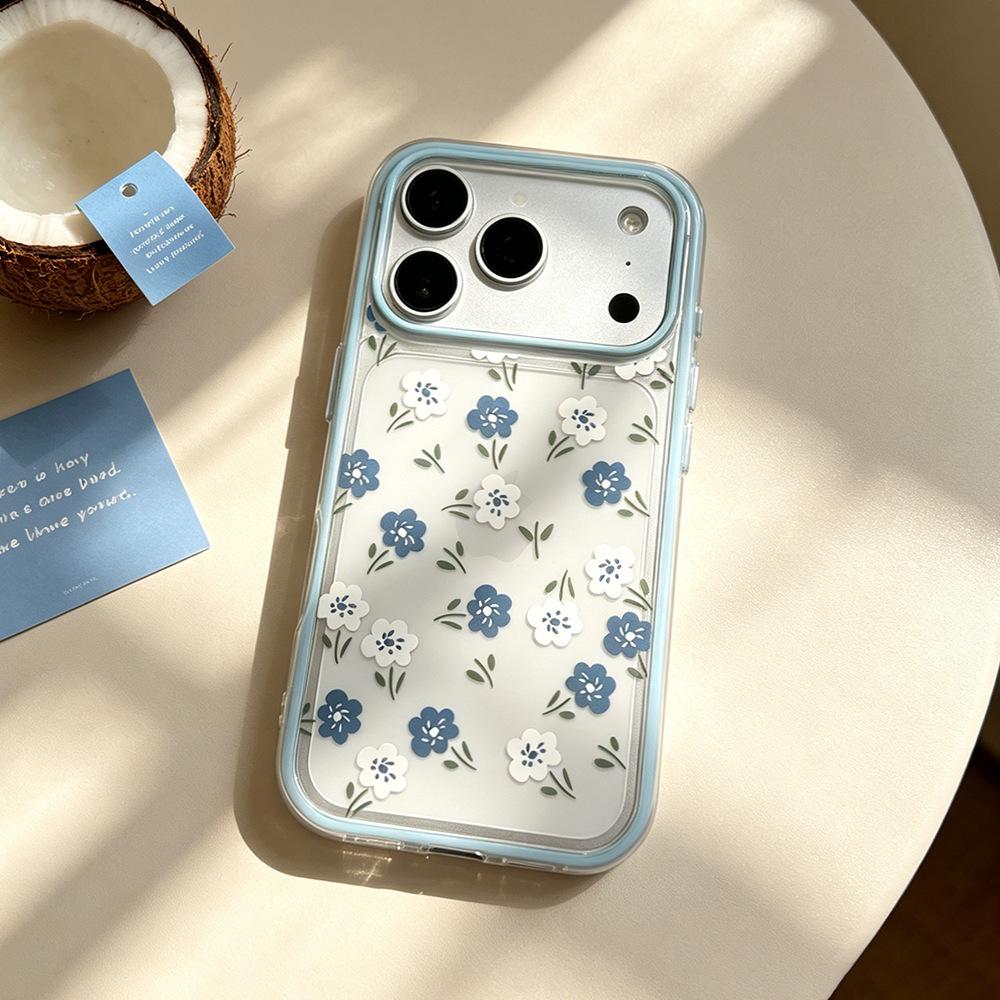Blue and white flowers are suitable for Apple 17/16 Pro contrasting color mobile phone case, anti-drop iPhone15 niche spring Huawei women