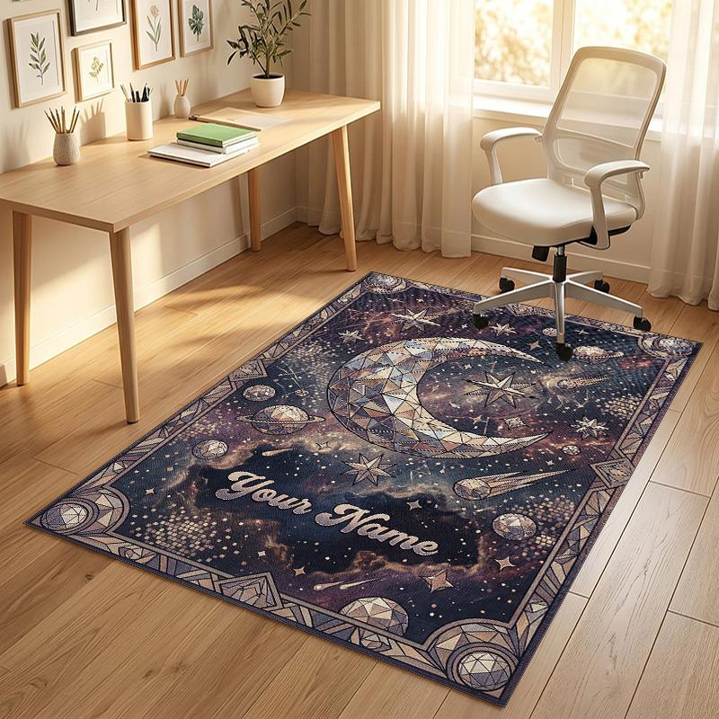 Cosmic Moon Mandala Theme Soft Crystal Velvet Rug Custom Name & Text Print Non Slip Floor Rug for Bedroom Living Room