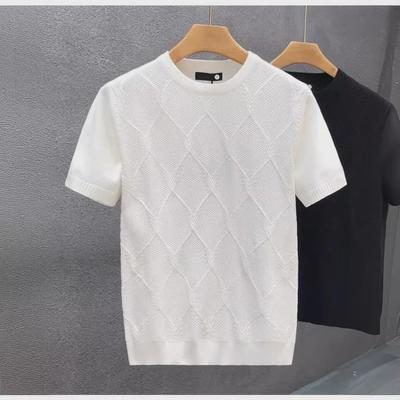 Suéter Branco Masculino Xadrez Diamante Manga Curta - Camisa de Tricô de Verão Slim Fit Coreana Moderna