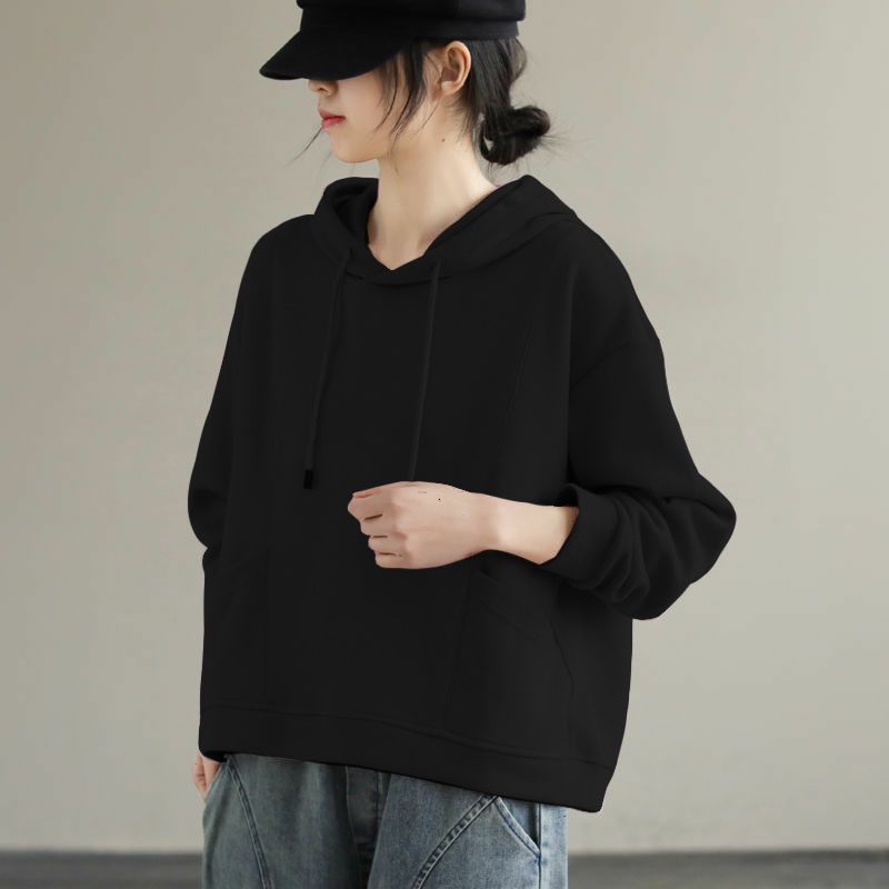 Solid Color Pullover Long Sleeve Long Sleeve Hooded Sweatshirt for Women with Pockets Solid Color Loose and Versatile Top
