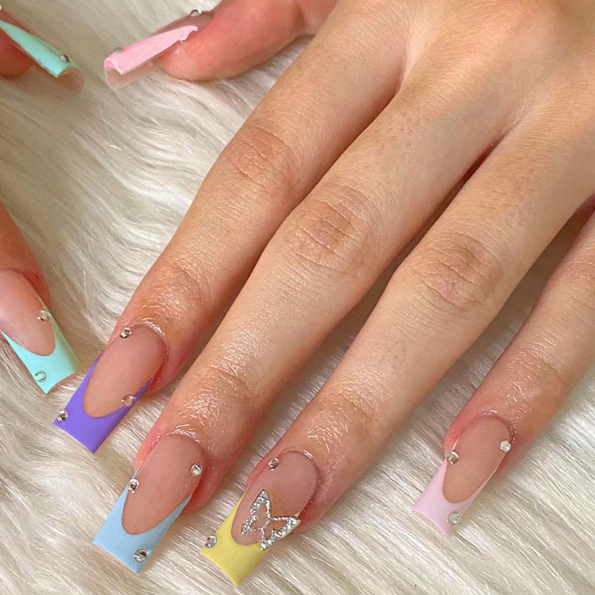 

Colorful French Tip Press-on Nails with Bow Rhinestone Design