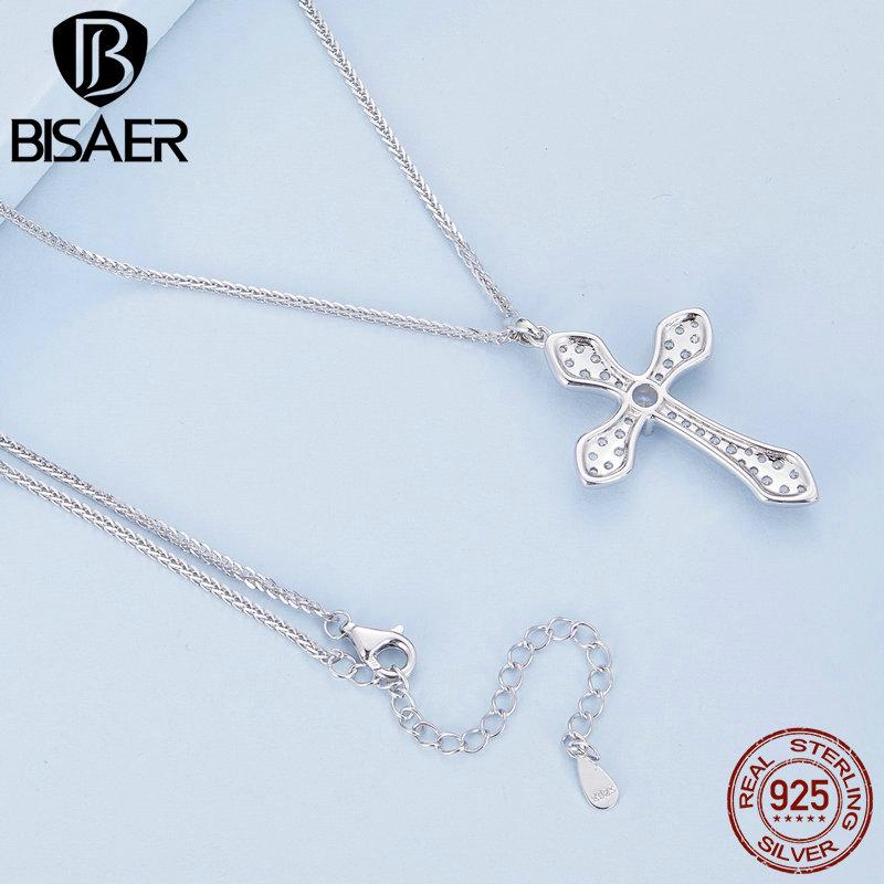 BISAER 925 Sterling Silver Cubic Zirconia Cross Pendant Necklace Chopin Chain Adjustable Plated Platinum Women Fine Jewelry