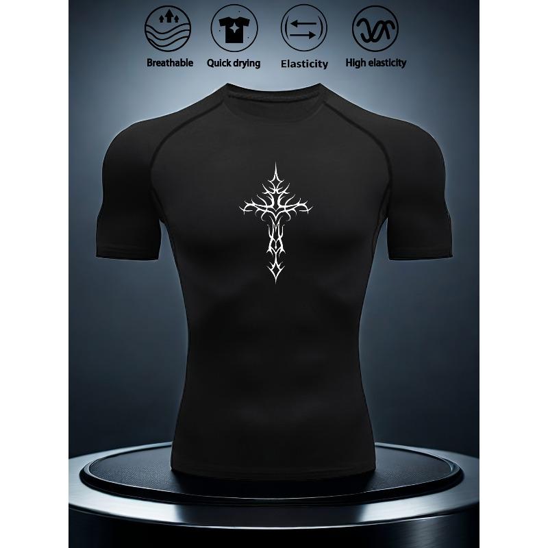 Men's Grey Compression T-Shirt with White Thorn Cross Print, Elastic Quick Drying Breathable Gym Workout & Sports Training Top