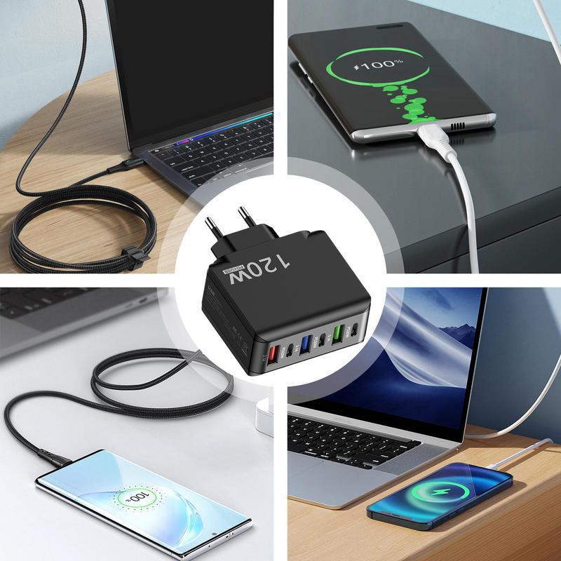 120W Fast Charger Six Ports Wall Plug Adapter USB C Charger Block Fast-Charging USB Charging Station For iPhone Samsung