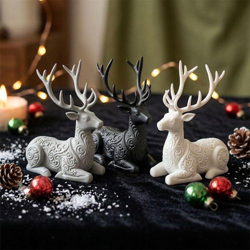 3D Printed Xmas Reindeer Sculpture Lying-Posture Elk Deer Statue Animal Figurine Office Desk