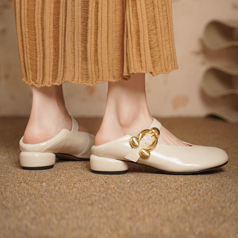 Krazing Pot Sheepskin Fashion Summer Spring Autumn Med Heels Metal Buckle Women  European Design Round Toe Pumps
