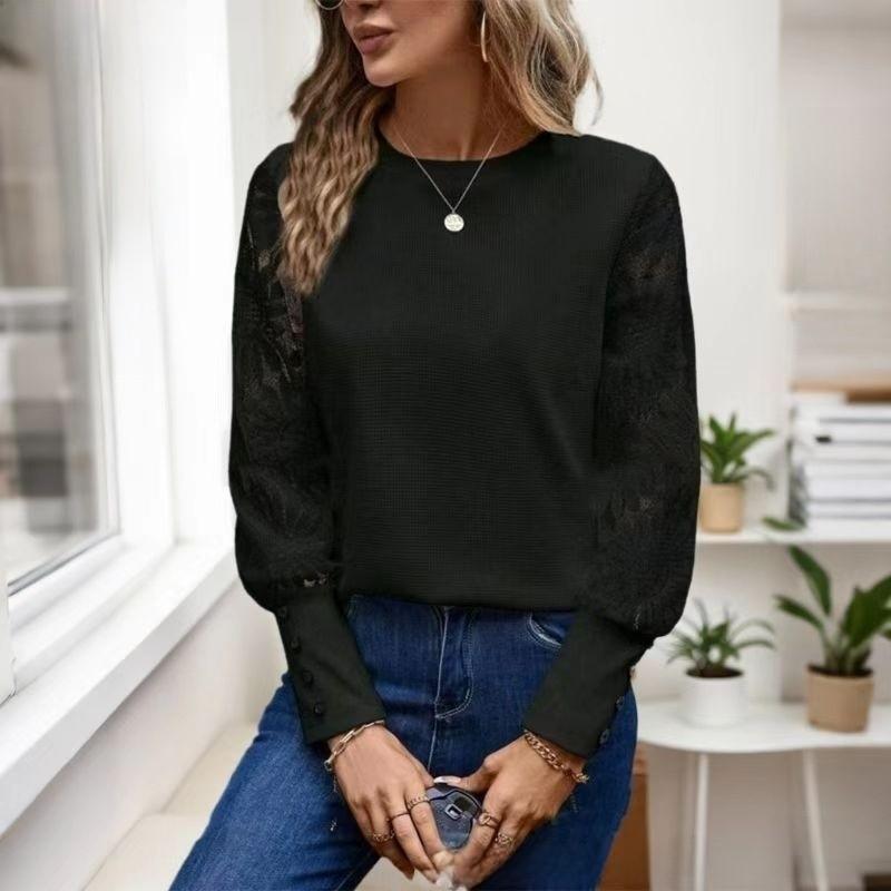 Casual Long Sleeve T Shirt With Embroidered Lace Panel For Spring Women