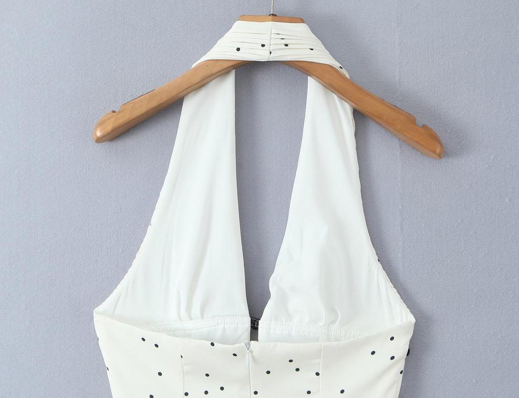 White Polka Dot Halter V-Neck A-Line Dress with Cutout Waist