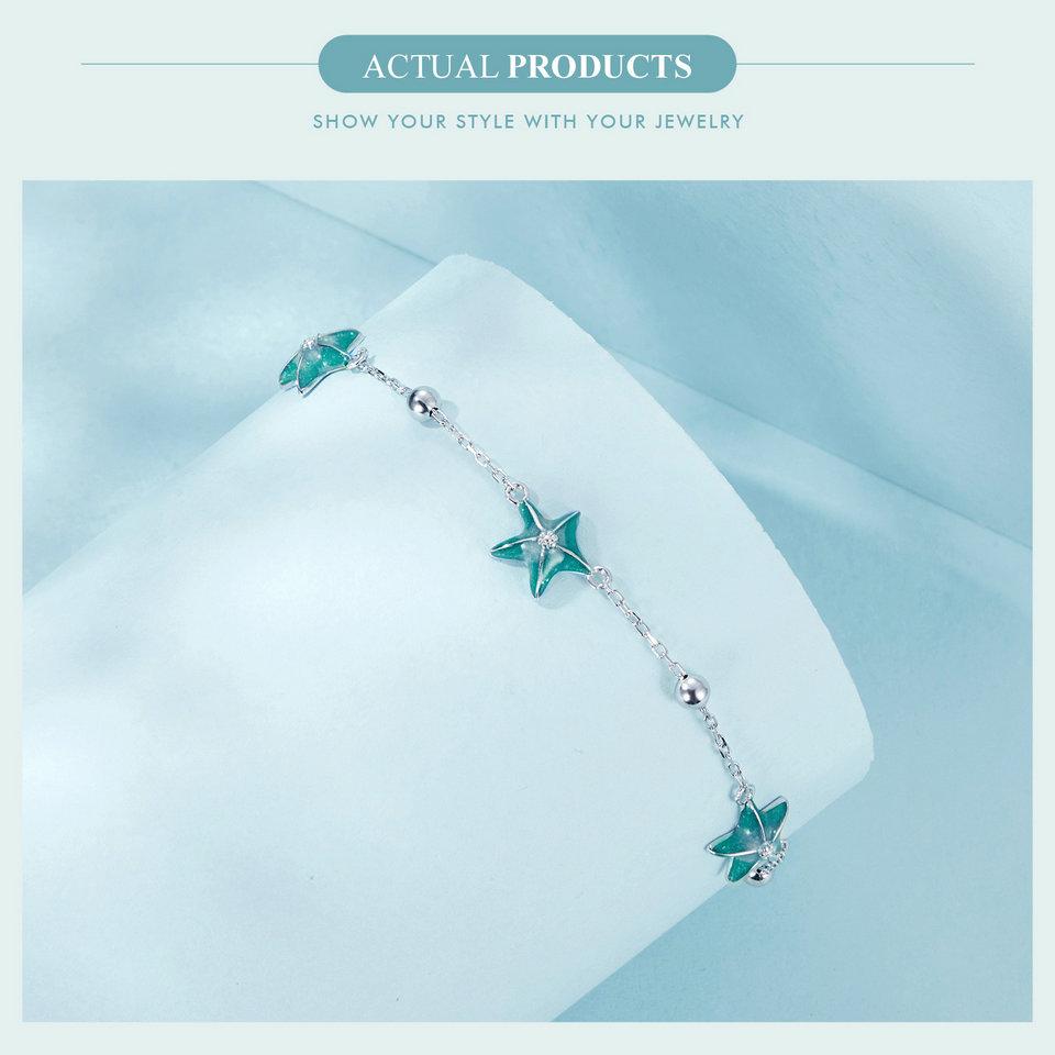 Bamoer 925 Sterling Silver Blue Starfish Bracelet Plated White Gold Adjustable Chain for Women Summer Fine Jewelry Party