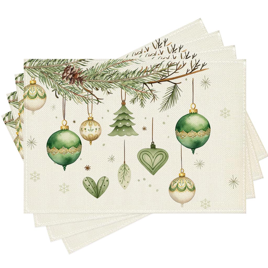 11.81*17.72inch Christmas Ball Pine Branch Pine Cone Snowflake Placemats, of 4/6, Suitable for Kitchen Table Holiday Party Decoration.