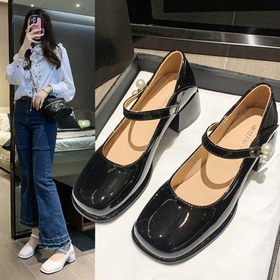 Women's Chunky Heeled Shiny Leather Shoes with Pearl Buckle and French-style Sandals for Commuting and Height-increasing Shoes