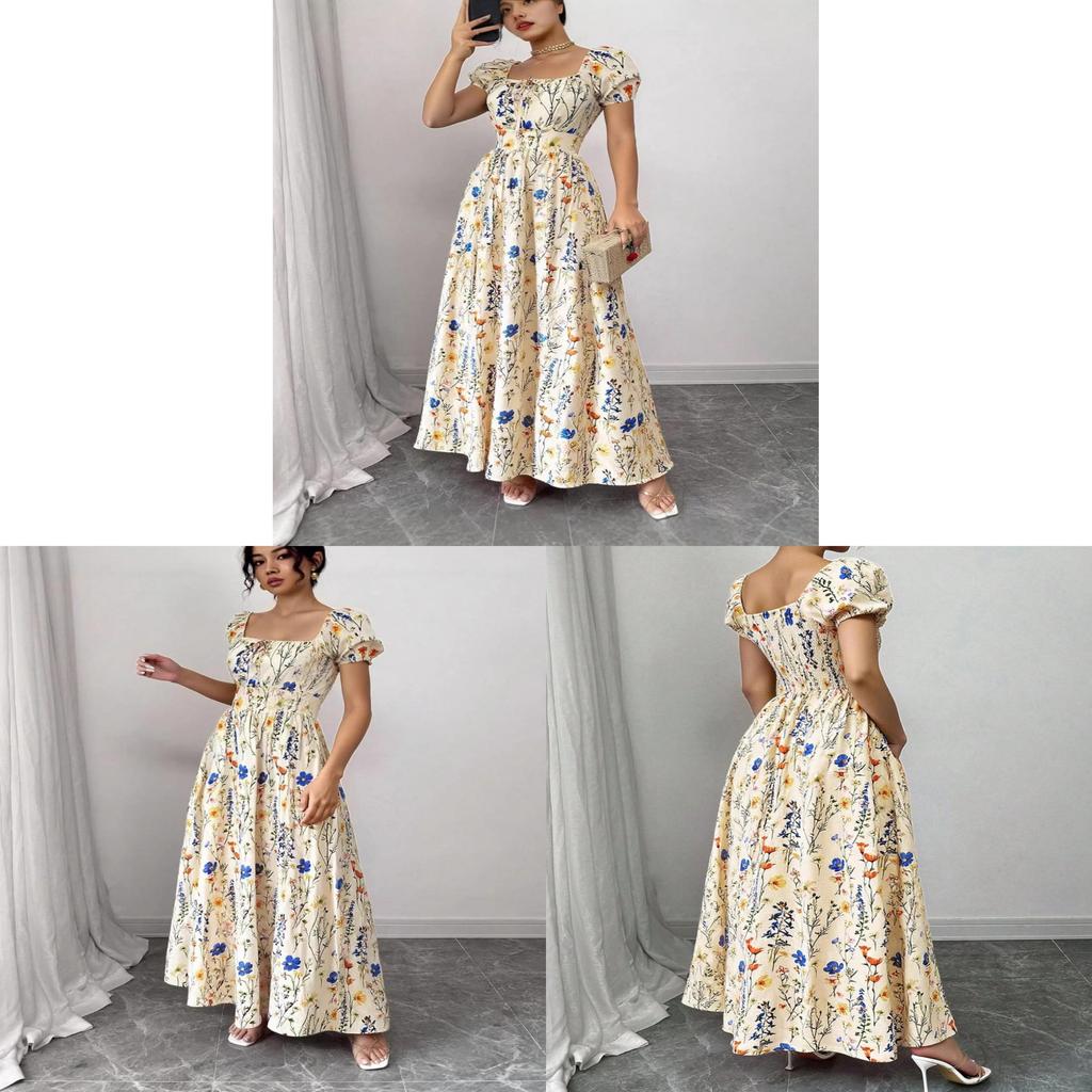 French Bubble Sleeve Printed Dress With Polyester Fabric For Summer Casual Wear