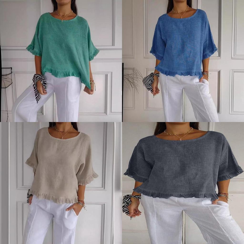 T-shirt Basic Estiva da Donna in Cotone e Lino, Vestibilità Larga, per Uso Casual