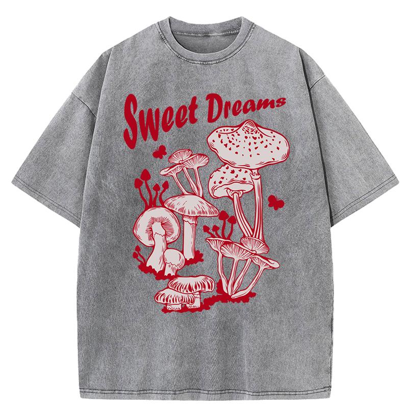 Sweet Dreams Mushroom Design Washed T-Shirt Women Summer T Shirts Cotton Top Multicolor Oversized Clothes