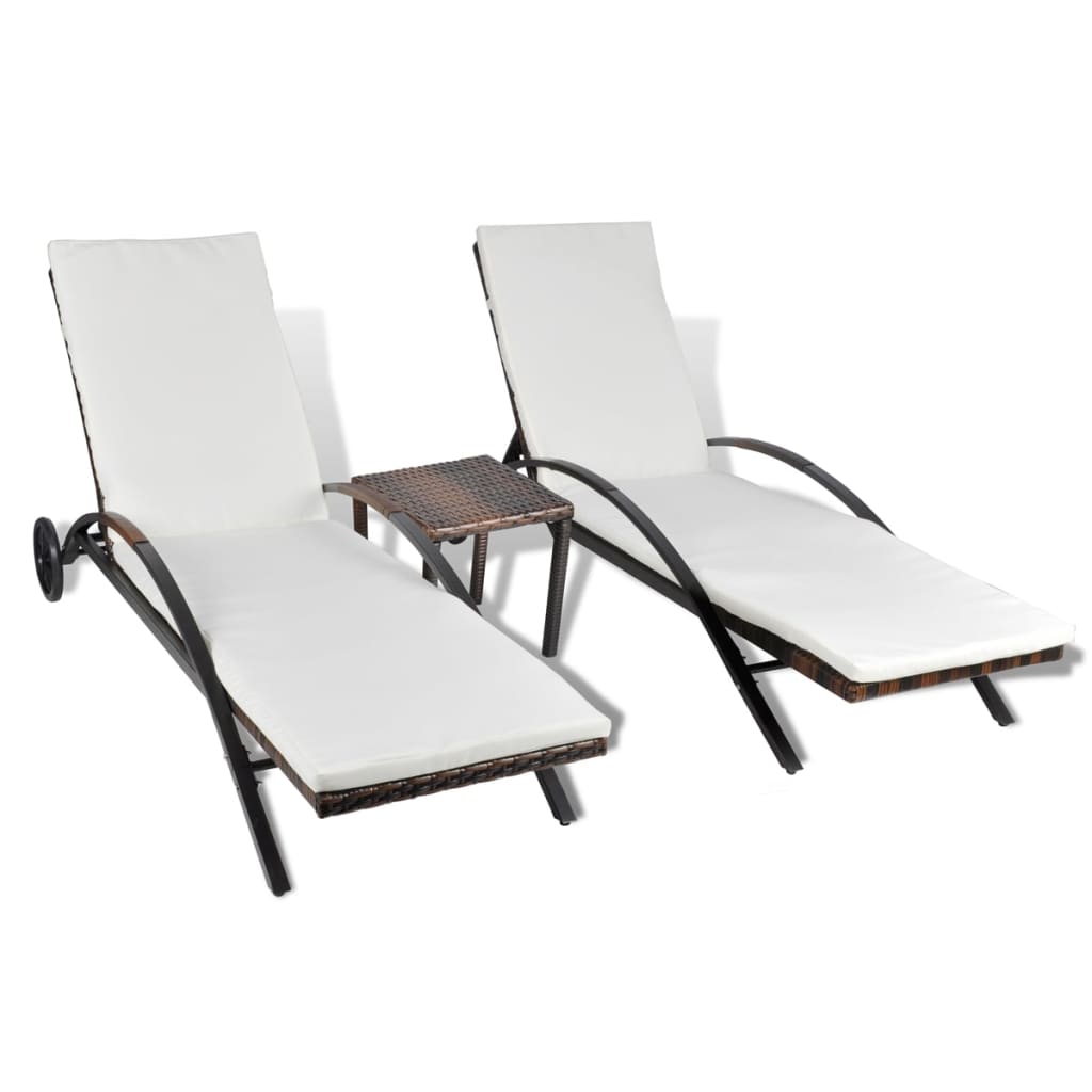Sun Lounger Set with Table Poly Rattan Brown