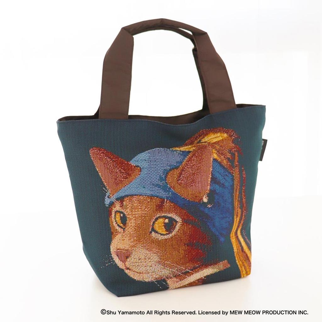 Bloeiende Kat Kunst Gobelin Tote Bag [Kattenmeisje met Pareloorbellen] door Johannes Ferneco, Dames, Ongeveer. 25 x 20 x 14 cm, 000660-0001-01
