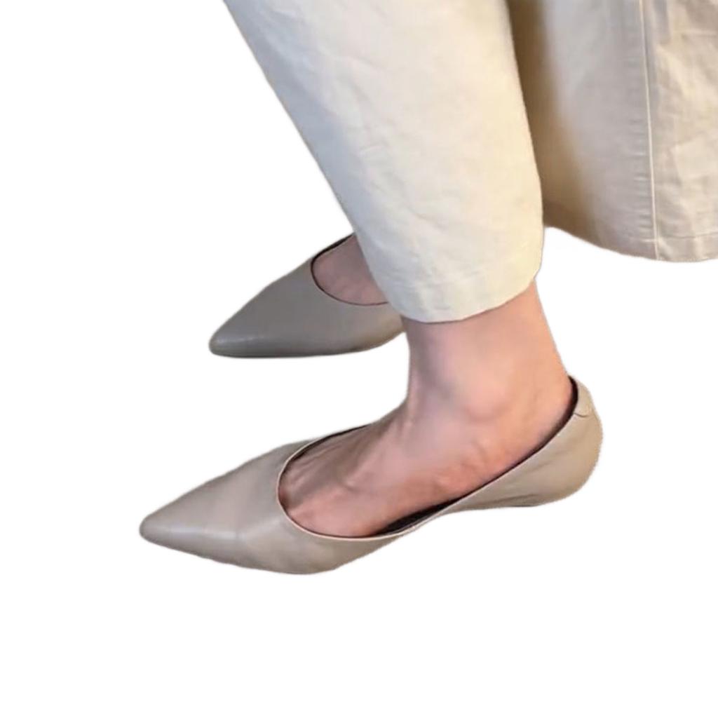 Solid Color Pointed Head Light Mouth Autumn Shoes Commuting Single Shoes Women's Leather Low Heel Flat Shoes French Simple Temperament
