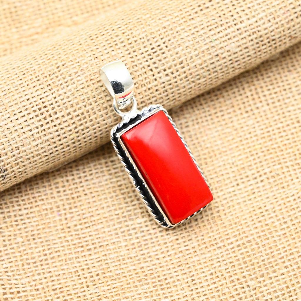 Red Coral Gemstone Handmade 925 Sterling Silver Jewelry Pendant For Women