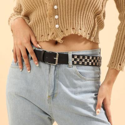 Men Belt with Square Bead Pyramid Decoration Punk Hip Hop Style Adjustable Length Waistband Jeans Belt