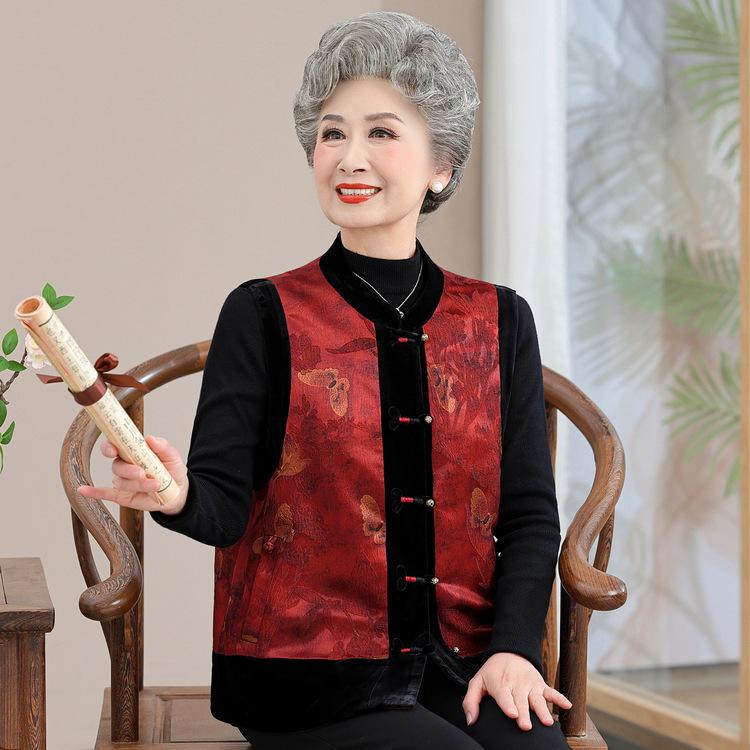 Chinese Style Mother Autumn Vest Chinese Style Retro Jacquard Plate Button Horse Clip Temperament Middle-aged and Elderly Women's Sleeveless Jacket