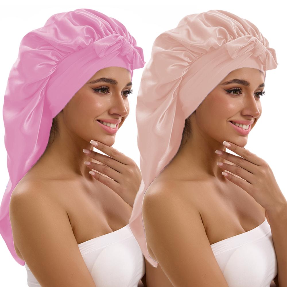 1/2/3pcs Satin Sleep Caps with Ribbon Tie - Black & Pink Polyester Night Hats for Long Hair Casual and Stylish Design