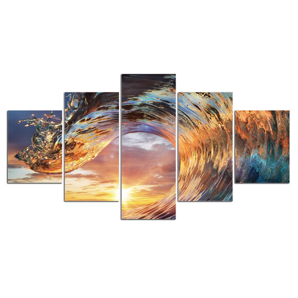 

HD Печатный 5 частей Холст Искусство Волна Закат Океан Морской пейзаж Живопись рождественское украшение стен
