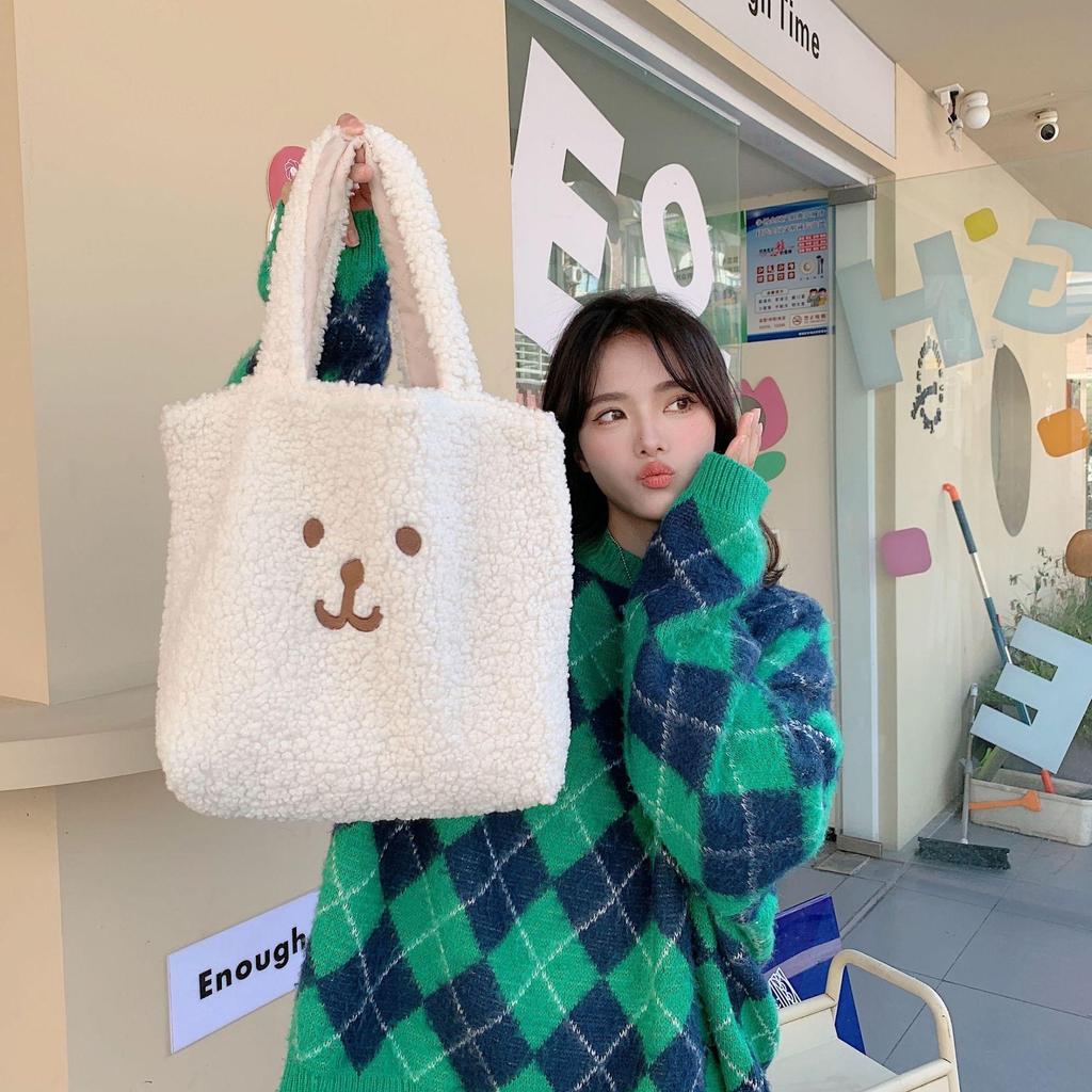 Women Cute Plush Bear Girl Heart Embroidery Double Sided Shoulder Bag