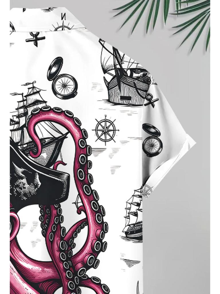 Men'S Casual Octopus Printed Short Sleeve Shirt, Polyester Material, Multiple Specifications Available, Fashionable Style for Daily Wear And Leisure