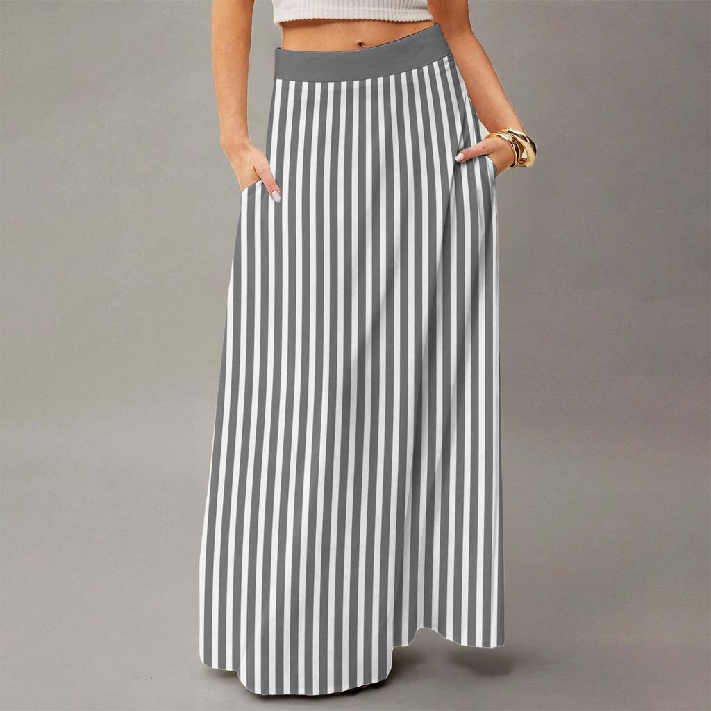 Women's Casual Leisure Foldable Striped Plaid Print High Waist With Pocket Draped  Relaxed Long Maxi Skirt