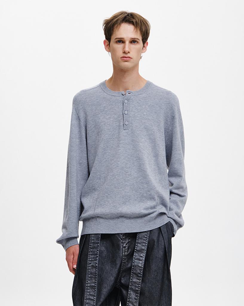 ZIOSONGZIO Timeless Wholegarment Henley Neck Knit Gray Zi6Kt692Gy