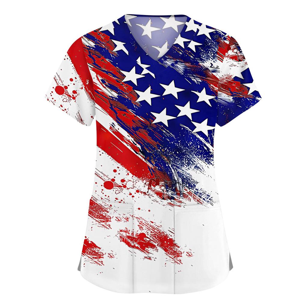 Women's Fashion V-neck Short Sleeve Workwear With Pockets Printed Tops