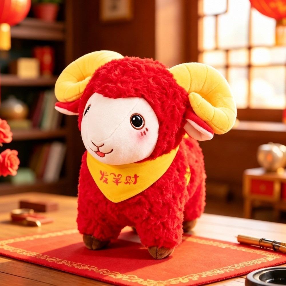 Red Festive Color Sheep Plush Doll Fine Embroidery Stuffed Sheep Toy  Desk Decoration