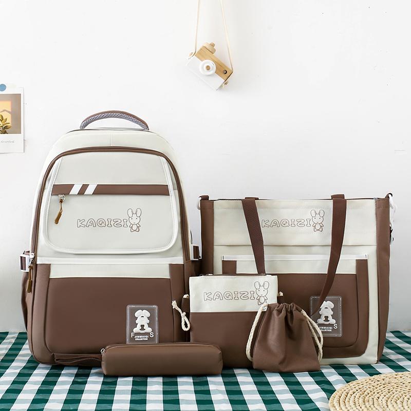 Five-Piece Backpack Set Student Schoolbag Women's Color Block Backpack Large Capacity Backpack