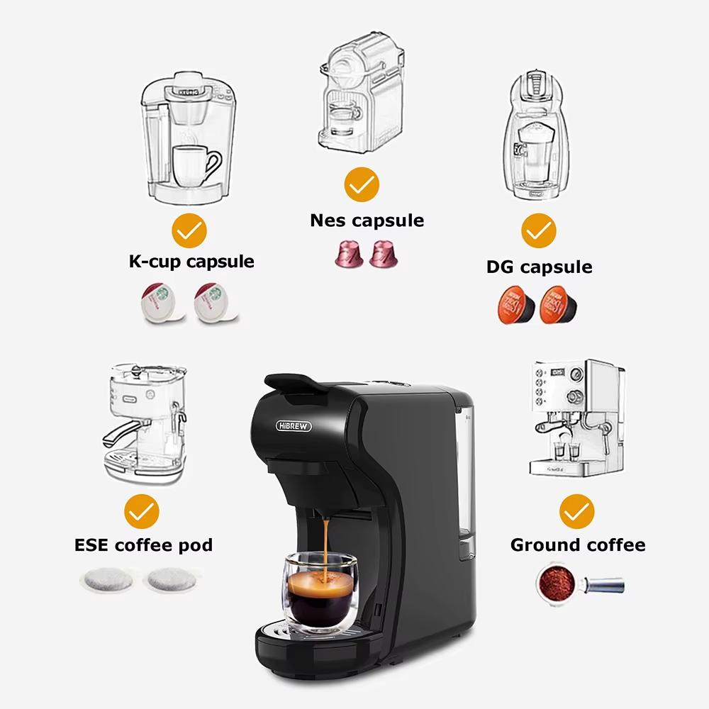 HiBREW H1A 4v1 Kávovar, 19bar Espresso kávovar, Kávovar na kapsle Horký & Studený Kompatibilní s Nespresso, Dolce Gusto & Mletou kávou