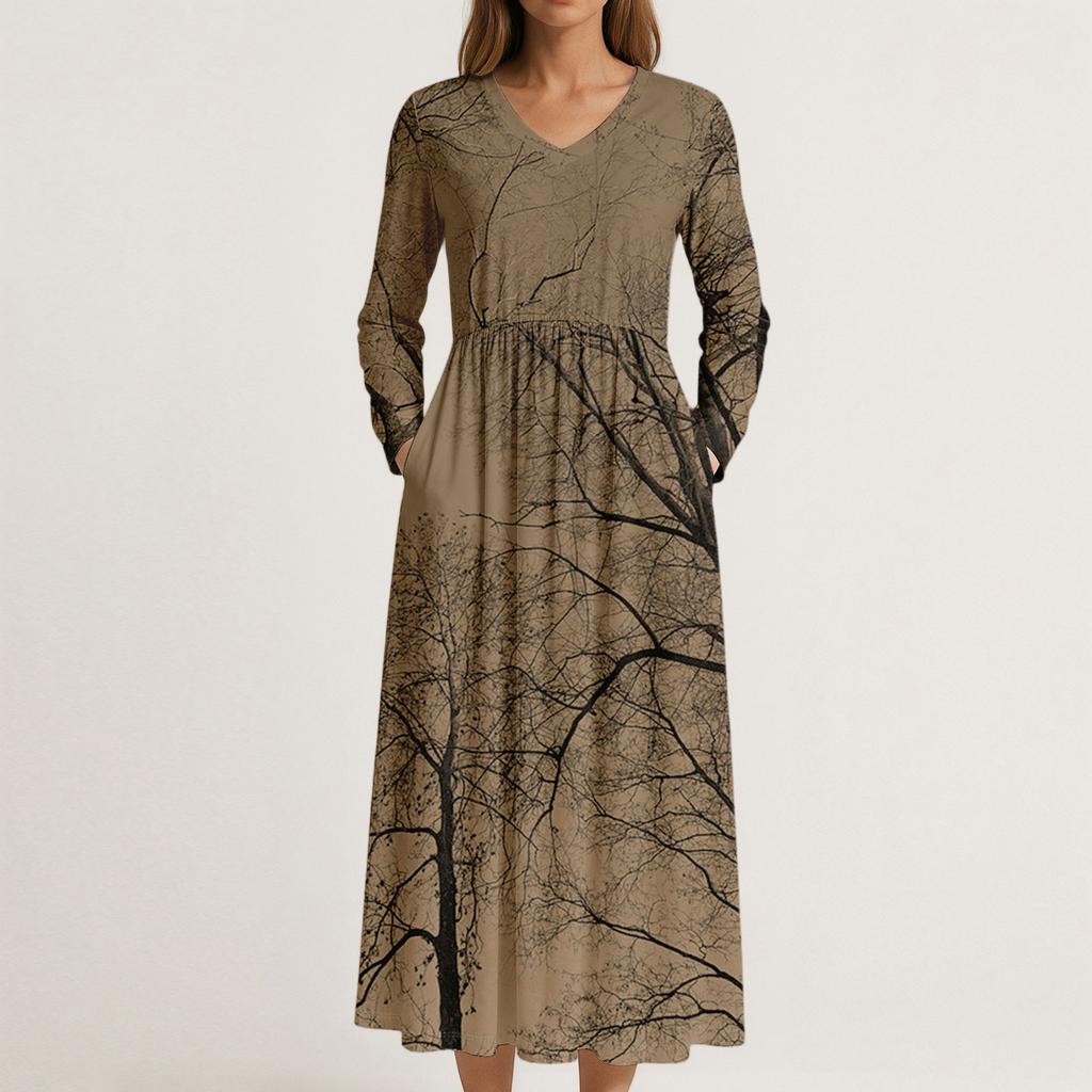 Kadınlar İçin Elbise Uzun Boho Plaj Elbisesi Zarif Maksi Elbise V Yaka Uzun Kollu Cepli Elbise